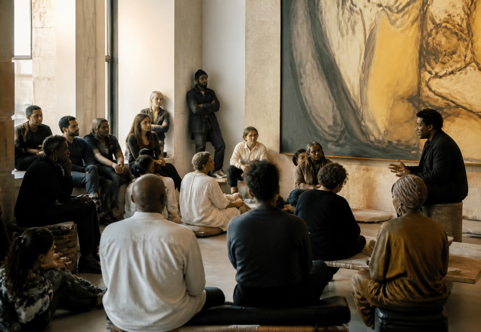 A diverse audience gathered for a cultural conversation in a contemporary art space